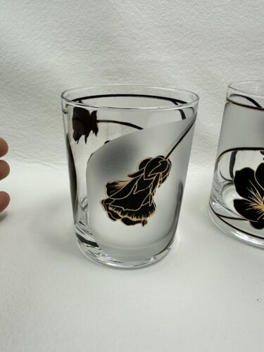 Set of 4 Culver MCM POPPY flower Gold Black Old Fashioned Rocks Cocktail Glasses - Picture 6 of 10