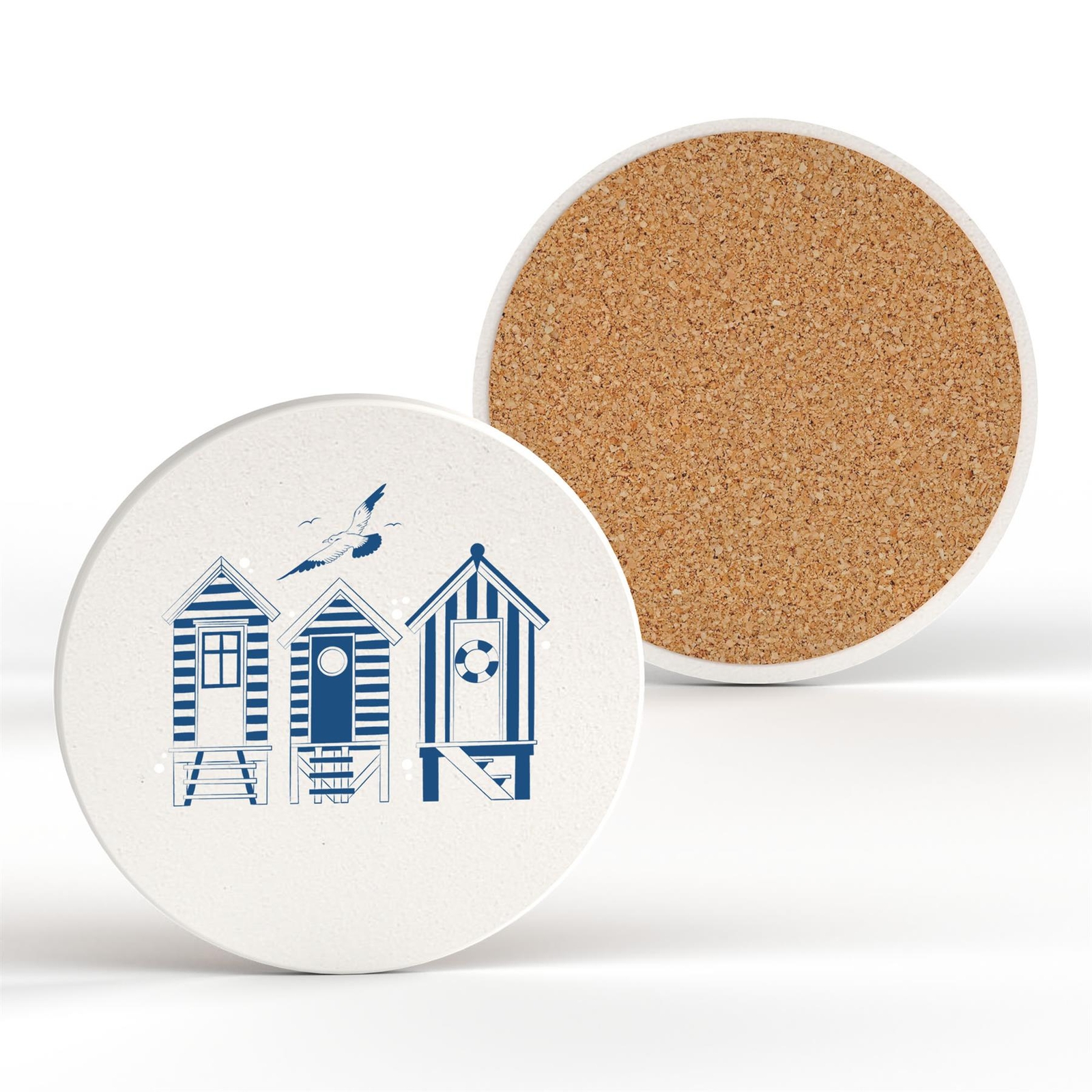 Beach Huts Coastal Blue Nautical Ceramic Round Coaster Beach Themed Gift