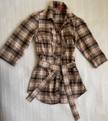 ARNALDO LADIES WEAR, WOMEN'S 6, LONGER CUT PLAID BELTED TOP, BROWN PLAID, COTTON