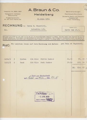 Rechnung Heidelberg Braun Würfelzucker Perlzucker Winzrieth Rotenfels 1930 - Bild 2 von 2