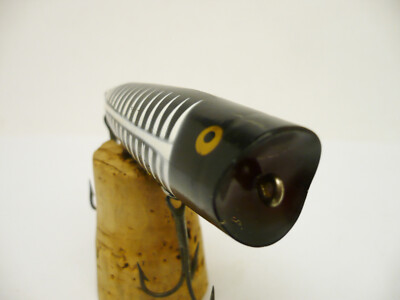Vintage Fishing Lure Heddon Chugger Spook Black White Shore Gold