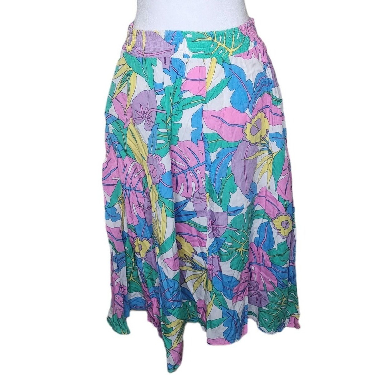 Vintage 80s Midi Skirt Womens M Blue Floral Flowing Tropical