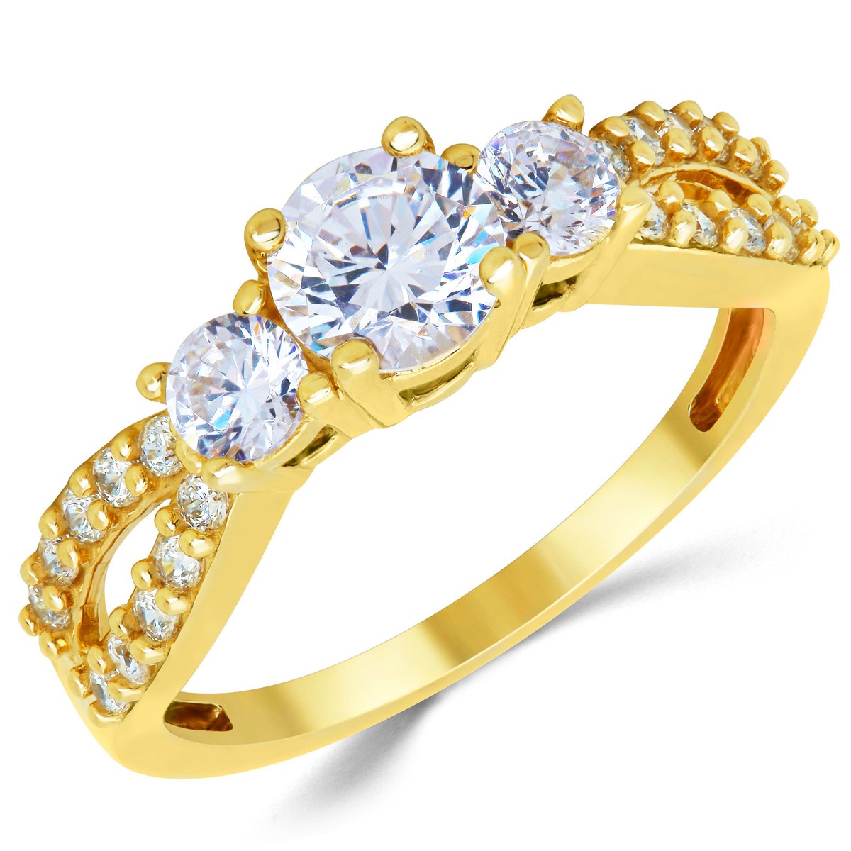 14K Solid Yellow Gold CZ Cubic Zirconia Three Stone Engagement
