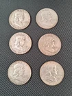 6 Lot Franklin Half Dollars 90% Silver - 1952D 1953D 1954D 1957D 1960D 1961D 75G