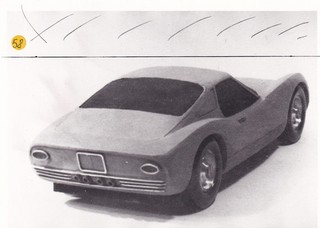 LAMBORGHINI DESIGN MODEL REAR SIDE VIEW B&W PHOTOGRAPH.