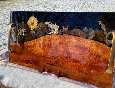 Unique Functional Art Charcuterie Board. Cherry Burl. Swannanoa River Stone