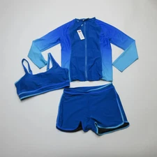 Kate Kasin Womens 3 Piece Swimsuit Set L Blue Rash Guard Swim Shorts Tankini