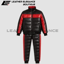 Men’s Black & Red Leather Puffer Tracksuit – Jacket and Pants Set