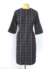 Vtg 50s 60s rockabilly Stewart tartan plaid wool tweed shift dress modest XS/S