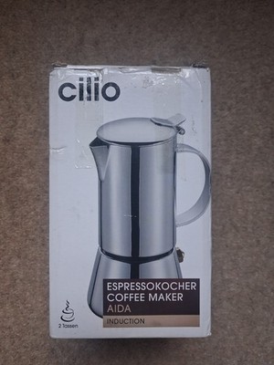 Cilio Aida Kaffee 2 Tassen Edelstahl Espressomaschine geöffnet nie benutzt verpackt
