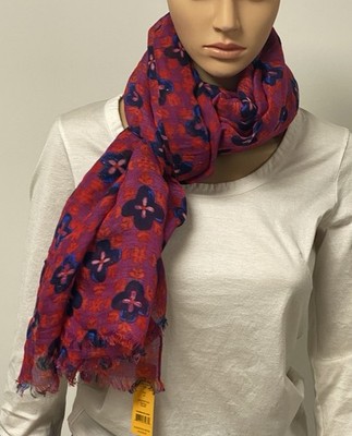 NWT Tory Burch Sintra Linen Blend Oblong Fringe Scarf Red Purple Blue Navy