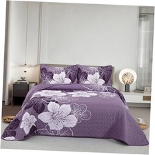 3 Pieces Quilt Set King Floral Pattern Quilt King 104"x 90" Dark Purple