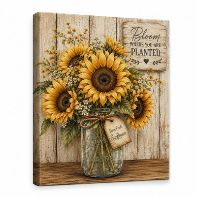   Rustic Mason Jar Sunflower Canvas Wall Art Farmhouse Country Kitchen Decor