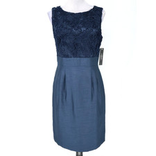 Tahari Dress Womens 8 Navy Blue Satin Lace Floral Zip Lined Party Cocktail New