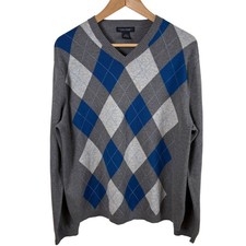 Suéter Banana Republic Para Hombre L Argyle Algodón Cachemira Cuello en V Gris Azul Abuelo