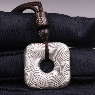 Pure 999 Fine Silver Pendant Wave-Shaped Square 平安 Amulet 25mm H +Cord Necklace