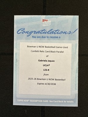 Gabriela Jaquez 2025-26 Bowman U NOW Basketball Card 123-R /10 Black Relic REDEM