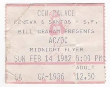 AC/DC & Midnight Flyer 2/14/82 San Francisco CA The Cow Palace Ticket Stub