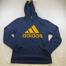 Large Kids Adidas Pullover Hoodie Navy Blue with Gold Stitched Lettering and Log