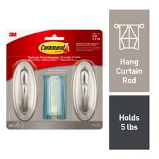 Brushed Nickel Curtain Rod Hooks (2-Hooks, 2-Strips)