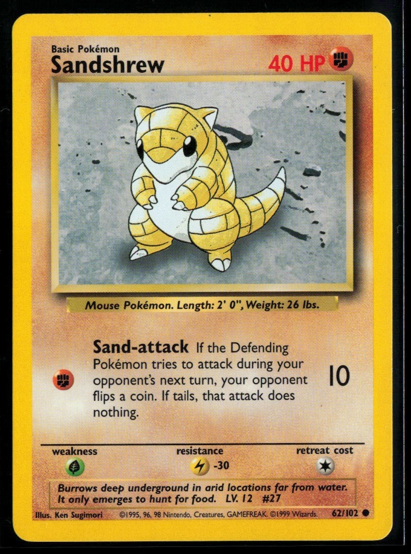 1999 Base Set Sandshrew #62 Non Holo Pokemon Card