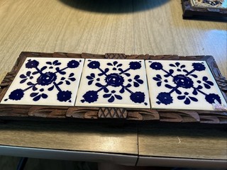 VTG Orion Monterrey Mexico Tile Tray Carved Wood Serving Tray Trivet Blue White