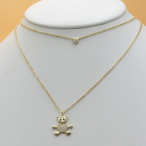 Authentic 14K Gold Plated Double Chain Necklace Bear w crystal heart charm. Oro Laminado.