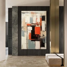 Blue Hand-Painted Modern Abstract Oil Painting On Canvas Living Room Art Red