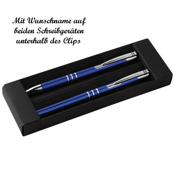 Metall Schreibset Mit Namensgravur - Kugelschreiber + Rollerball - Farbe: Blau-image
