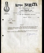 PARIS (IX°) LAMPS SELECTA "G. JULIEN / S.S. LABINAL Succ." Letter in 1934