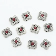 Silver Plated Metal Sliders Spacer Beads With Red Swarovski Crystal 10 Pieces 