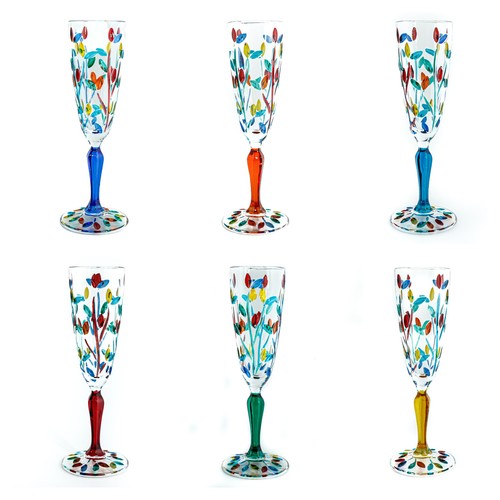 Set of Six 6 Murano Glass Champagne Multi Wine Hand Painted Flower Mixed Stems - Picture 2 of 9