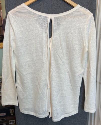 Women Sandro Paris Beige Ivory Linen Silk Long Sleeve V neck Keyhole Top SZ 2 - Picture 3 of 5