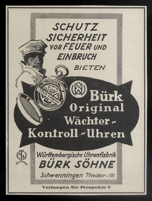 Alte Werbung 1923 Wächterkontrolluhr (3) Uhrenfabrik Bürk Söhne Schwenningen