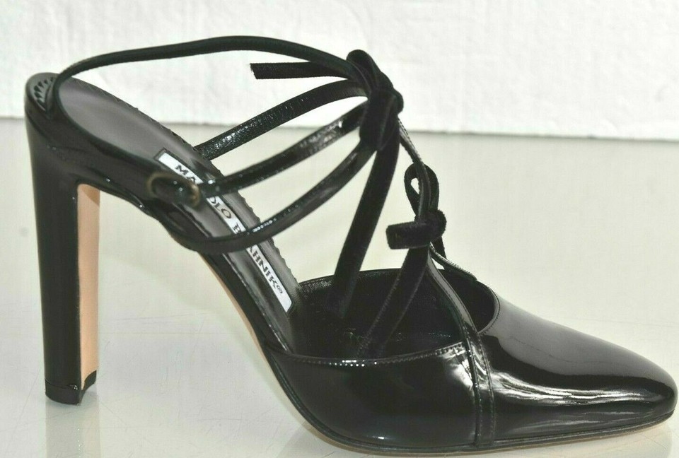 Escarpins Manolo Blahnik TIZI En Cuir Verni Noir Avec Noeud - Taille 36.5 Et 40 - Neuf Avec Emballage