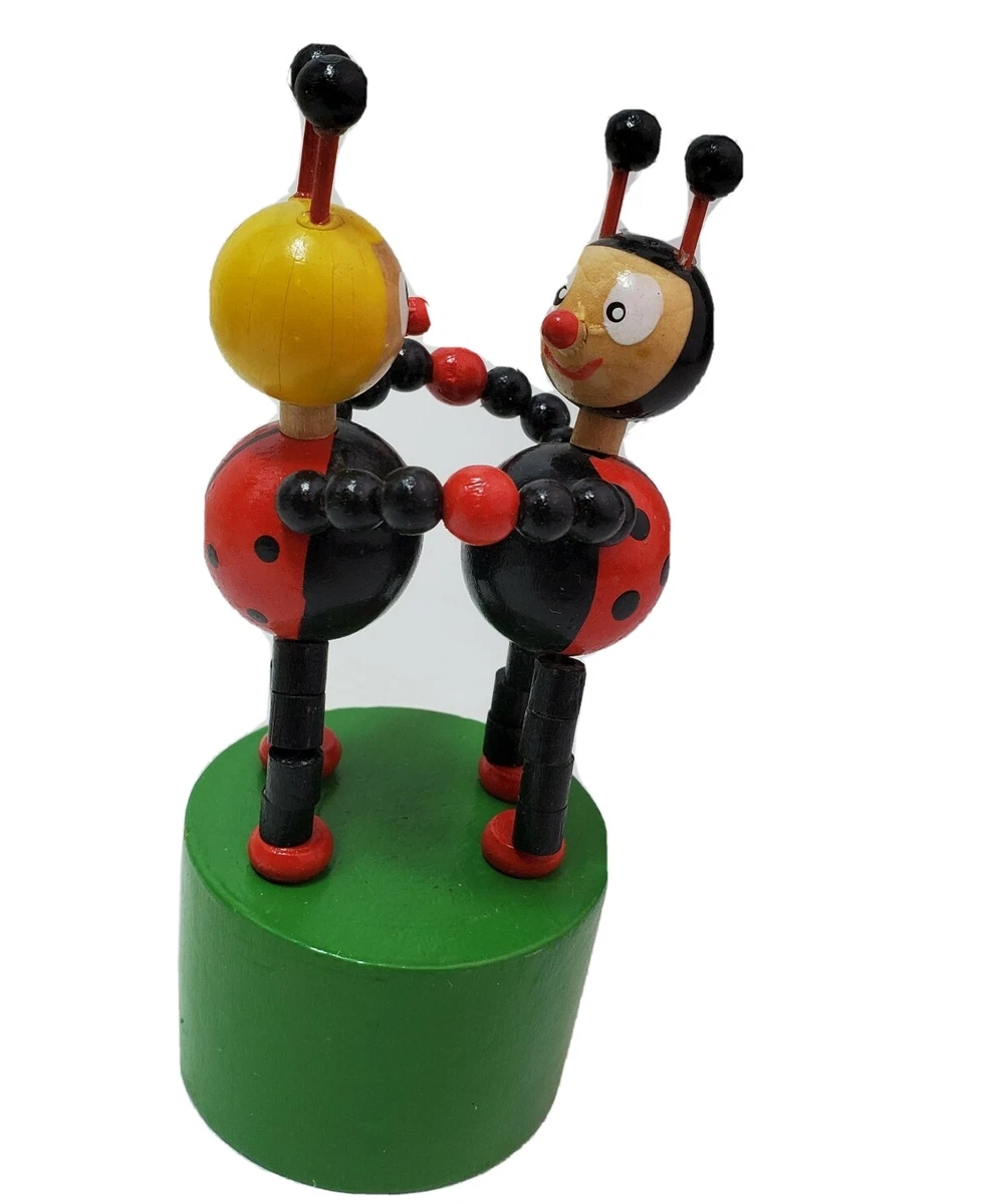 Wood DANCING LADYBUGS Collapsing Push up Toy vintage old school