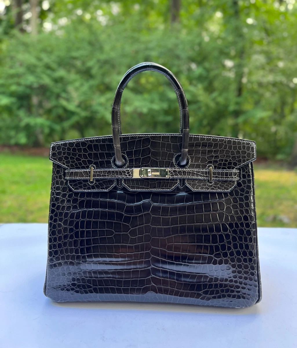 Hermes Shiny Porosus Crocodile Skin Birkin 35 w Palladium HW in Graphite