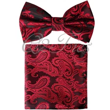 BLACK RED Paisley Pre-tied Bow tie and Pocket Square Hanky Set Formal Party 