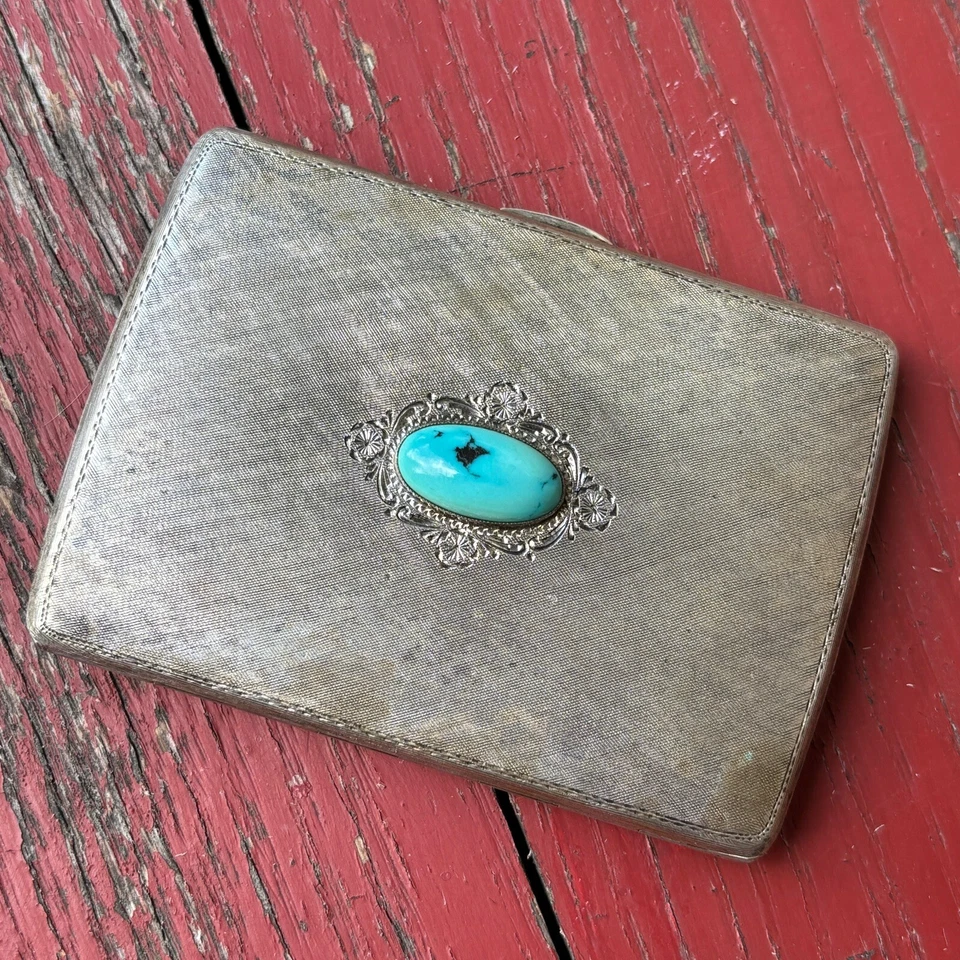 800 Серебряный антикварный чехол с персидской бирюзой + зеркало 104g - Изображение 2 из 4