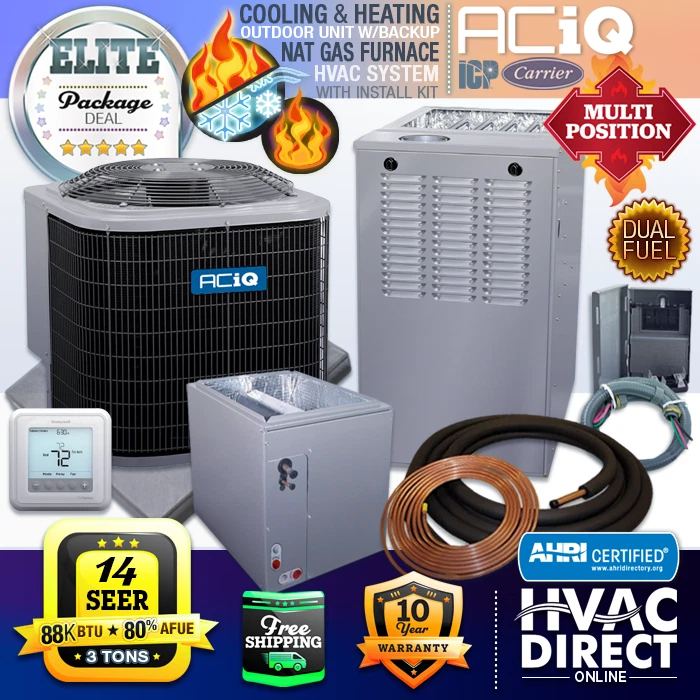 3 Ton ACiQ by Carrier 14 SEER 80% 88K BTU Gas Furnace u0026amp; AC + Heat  System Kit | eBay