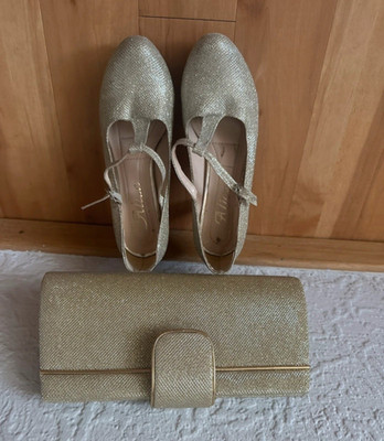 Damen Pumps Gold Glitzer Leder EU 39 Knöchelriemchen Blockabsatz mittel