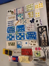 VTG Lot sewing supplies, Cal Temp Pinking Shears,26 card,buttons,repair needles
