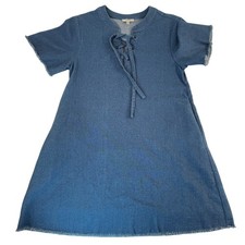 Jodifl Denim Lace Up Classic Tunic Dress Fringe Hem Casual Short Sleeve