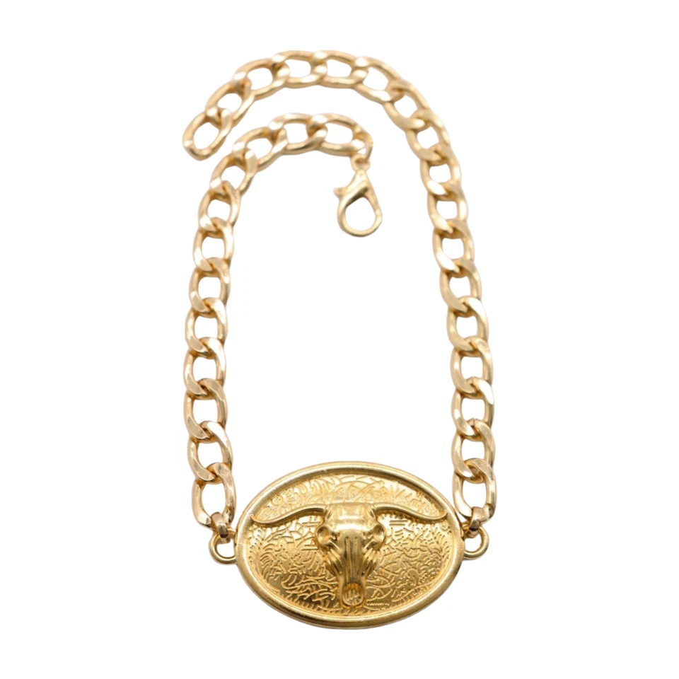NUEVO Mujeres 2 PIEZAS Metal Dorado Bota Occidental Cadena Zapato Tobillera Cuerno Largo Bull Charm TX Foto 3 de 4