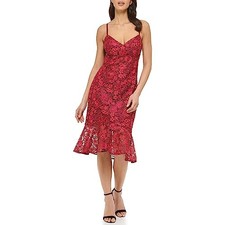 GUESS WOMEN'S LACE MIDI WITH FLOUNCE HEM DRESS - WOMEN 10 - WINE