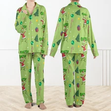 Family Matching Grinch Satin Pajama Set - Funny Green Christmas Sleepwear