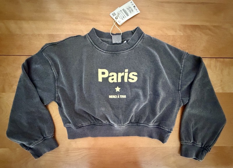 ZARA Girls Size 8-9 Years Cropped Oversized Charcoal Paris Sweatshirt NWT