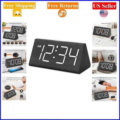 Black Wooden Digital Alarm Clock with Large Numbers, USB, Loud Alarm