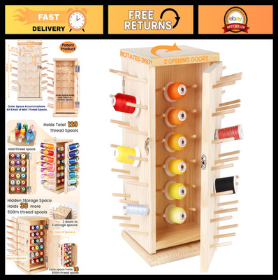 360° Rotating Wooden Thread Rack Organizer - Holds 129 Spools for Sewing, Quilti