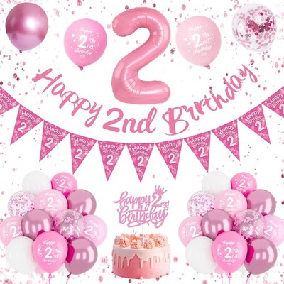 Rosa Ballon Deko Set 7. Geburtstag Mädchen mit Banner Happy Birthday